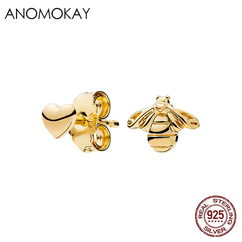 Anomokay Hot Genuine 925 Sterling Silver Lovely Gold Bee Stud Earrings Fine 925 Silver Animal Earrings for Women Jewelry Bijoux