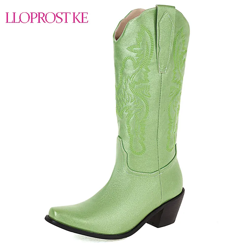 

Lloprost ke 2020 Fashion Thick High Heel Boots Women Round Toe Ladies Mid Calf Boots Shoes Woman Winter Red Green Boots Size 47