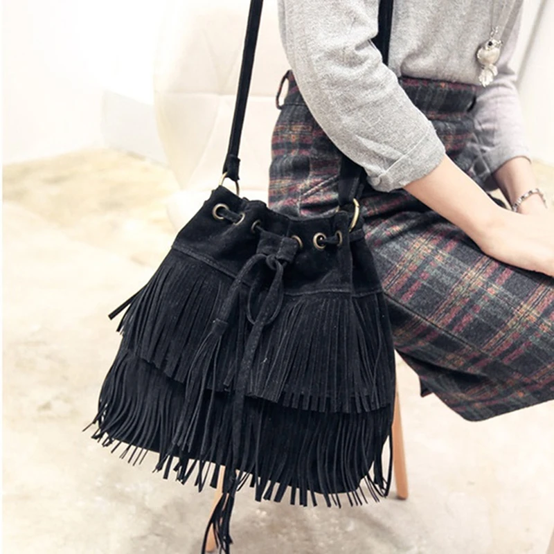 Retro Faux Fringe Women Messenger Bags Tote New Handbag Tassel Shoulder Handbags Crossbody Bag Bolsa