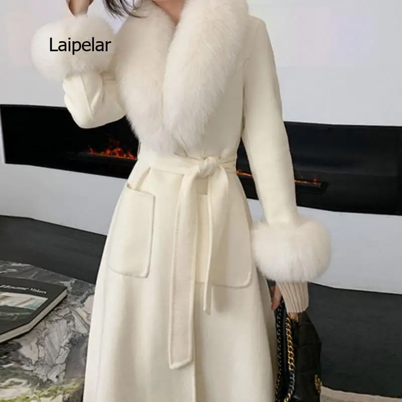 Woolen Coat Women Natural Fox Fur Collar Long Coat Cashmere Wool Blend Women Streetwear 2021