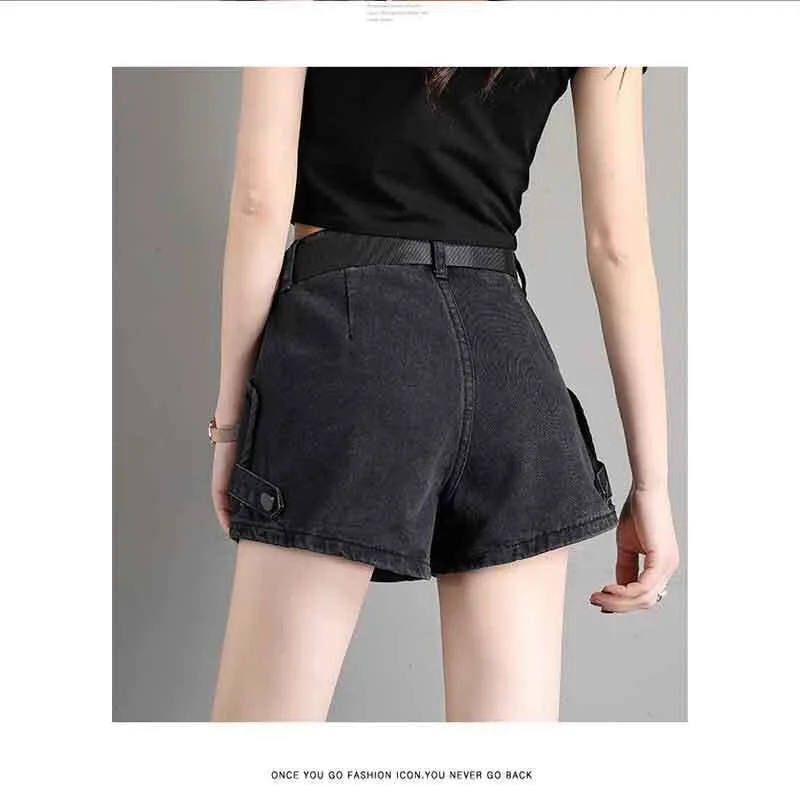 Shorts pretos feminino 2021 verão novo estilo hong kong retro mostrar fino solto cintura alta calças de brim coreano a linha calças quentes moda