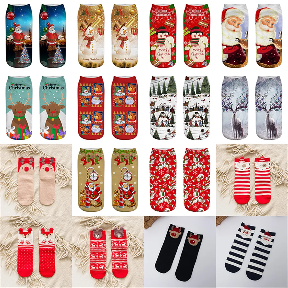 25 Colors 3D Cartoon Print Christmas Socks Cotton Winter Cute Deer TreeSanta Claus Snowman Cristmas Decoration Socks Xmas Gifts