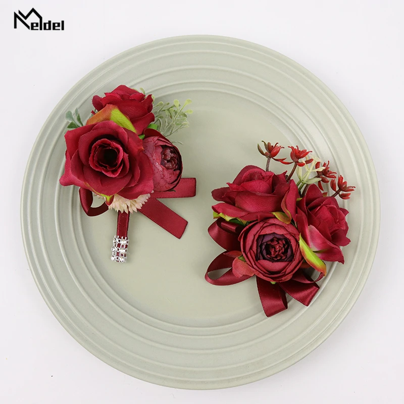 Flores de seda de Meldel, ramillete rojo para boda, pulsera para damas de honor, novio, Boutonniere, boda, hermana, mano, flores, hombres, Boutonniere