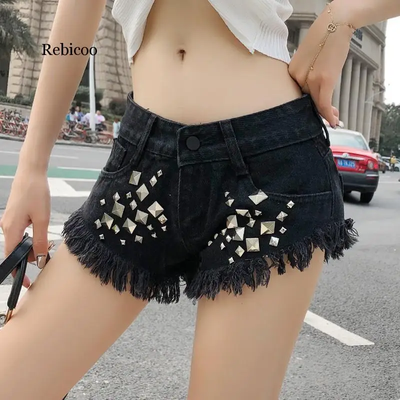 New Summer Denim Shorts For Women Sexy Mini Shorts Women'S Tassel Rivet Jeans Low Waist Shorts Night club Denim Short Black Blue