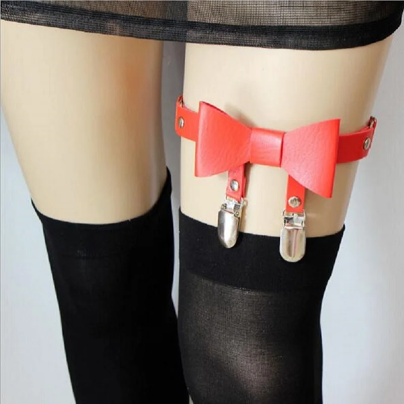 Cute Sexy Leg Garter Belt Harness Adjustable Elastic Leather Bowknot Ring Clip Punk Strap Leather Thigh Harness