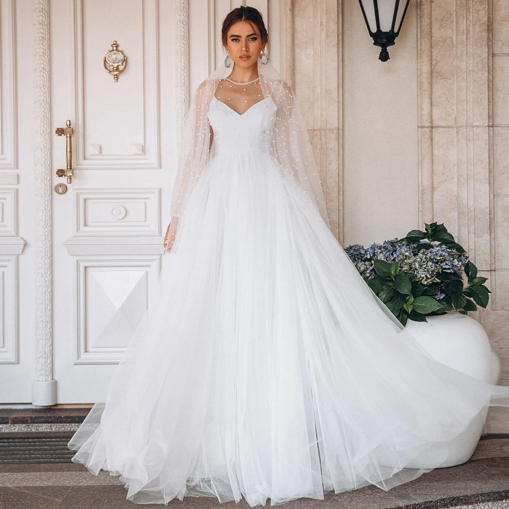 Adln jewel mangas compridas princesa vestidos de casamento com pérolas inchado vestido de noiva varredura trem vestido de baile robe de mariee