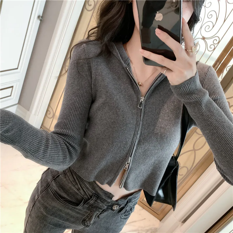 2020 Sexy Women Hooded Zipper Knit Cardiga New Korean Slim Thin Short Sweaters Autumn Winter Female Top Coat Knitted Clothes