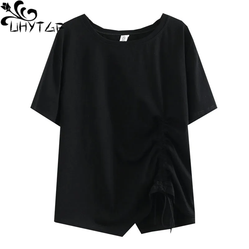 UHYTGF Short-Sleeved Top Womens Solid Wild Irregular Summer T-Shirt Female O-Neck Cotton Comfortable 3XL Loose Size T-Shirt 1502