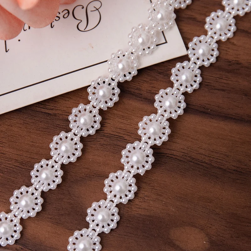 Imitation Pearl Guipure Ribbon White Crystal Beads For Wedding Dress Decoration Clothing DIY Crafts 7/10mm Wide Sewing Accessory