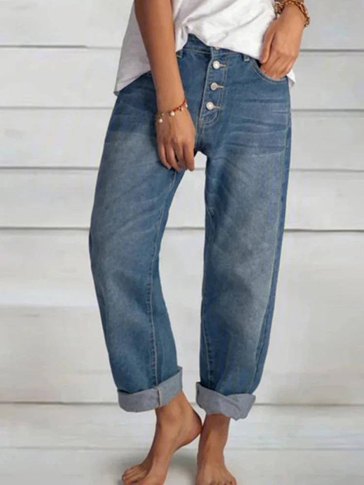 Women\'s Jeans Fashion Retro High Waist Wide Leg Loose Straight Pants Large Size Simple and Thin Workwear Boyfriend Jeans