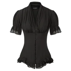 Sexy Women's Shirts Summer Black Pleated Shirt Tops Gothic Renaissance Short Puff Sleeve V-Neck Steampunk Party Retro Shirts New