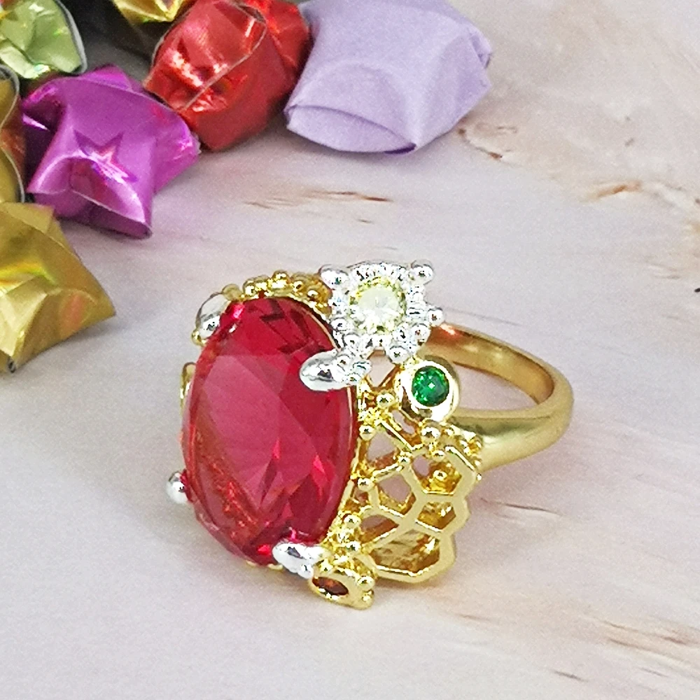 DreamCarnival 1989 Two Tones Zircon Rings for Women Big Radian Cut Fuchsia CZ Wedding Anniversary Hot Fashion Jewelry WA11689FU