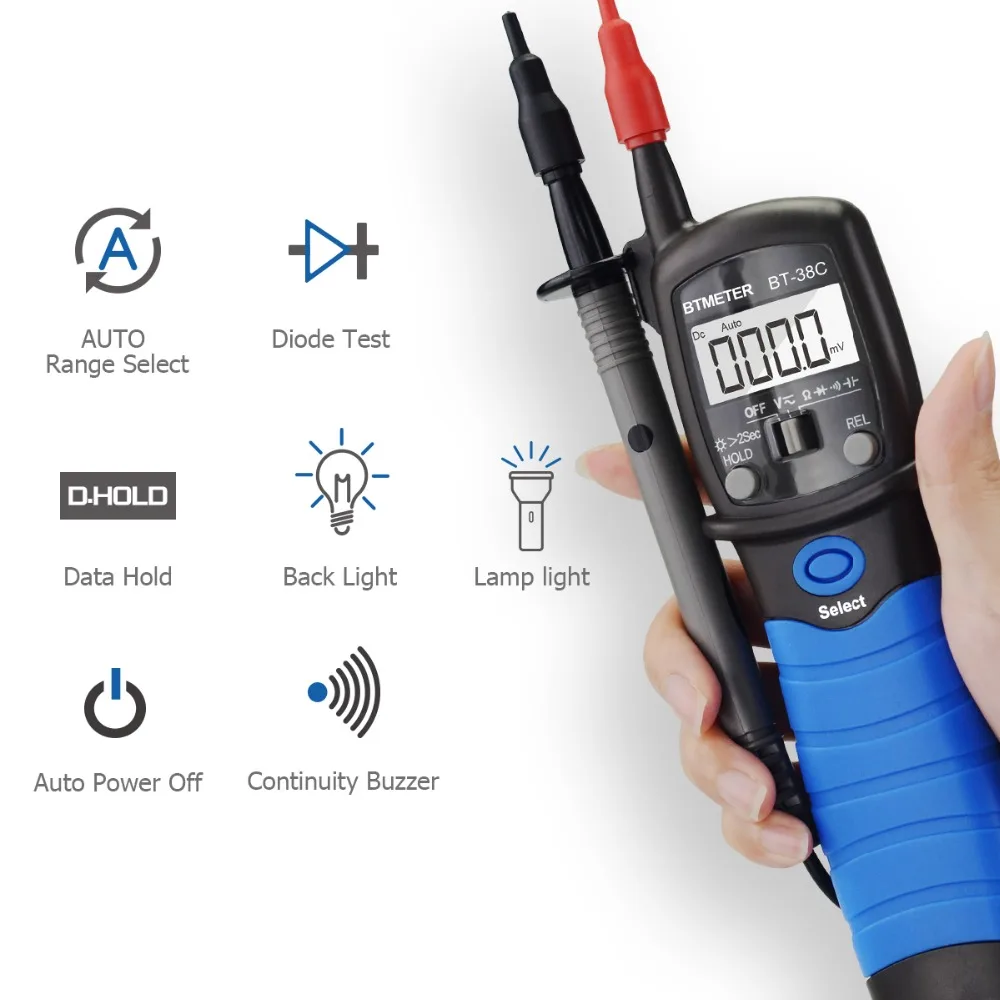 BT-38C Digital Pen Type Multimeter 6000 Counts LCD Back Light Multi-Tester for AC/DC Voltage,Resistance,Capacitance,Diode