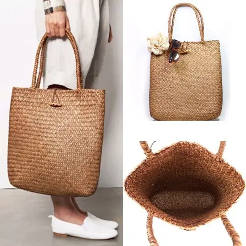 Imagen 2 del producto Bolso grande de paja de verano para mujer, bolso de hombro informal para playa, cesta hecha a mano, bolsa de compras de almacenamiento
