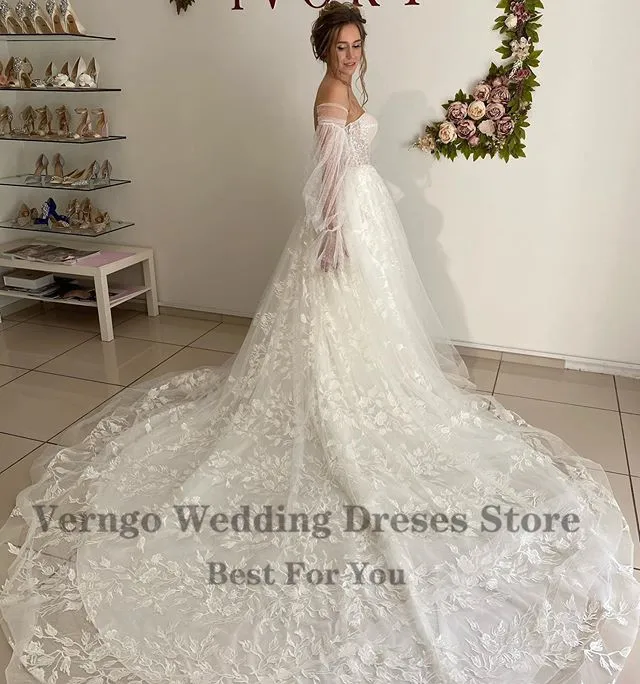 Verngo – robe de mariée en dentelle florale, grande taille, manches bouffantes, traîne, Corset, dos nu, 2021