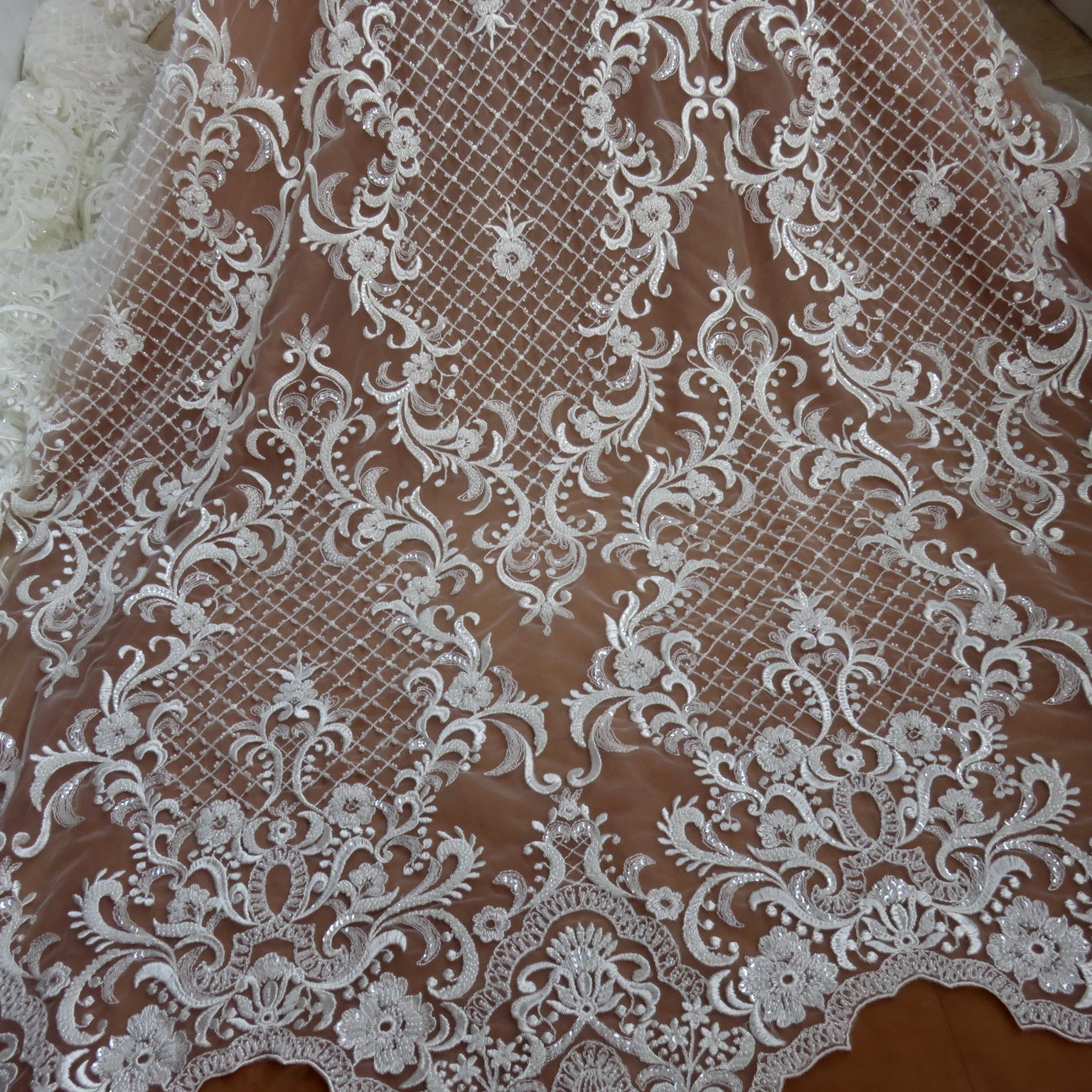 

High quality 1yard luxury off white heavy beaded tulle embroidery lace fabric with sequins, bridal gown wedding lace