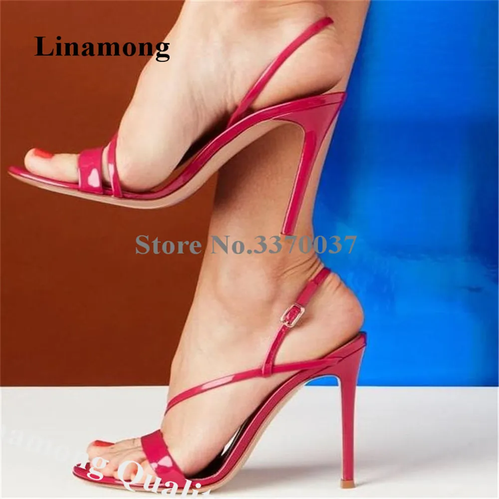 Linamong Elegant Open Toe Patent Leather Thin Straps Cross Stiletto Heel Gladiator Sandals Rose Pink White Nude High Heel Sandal