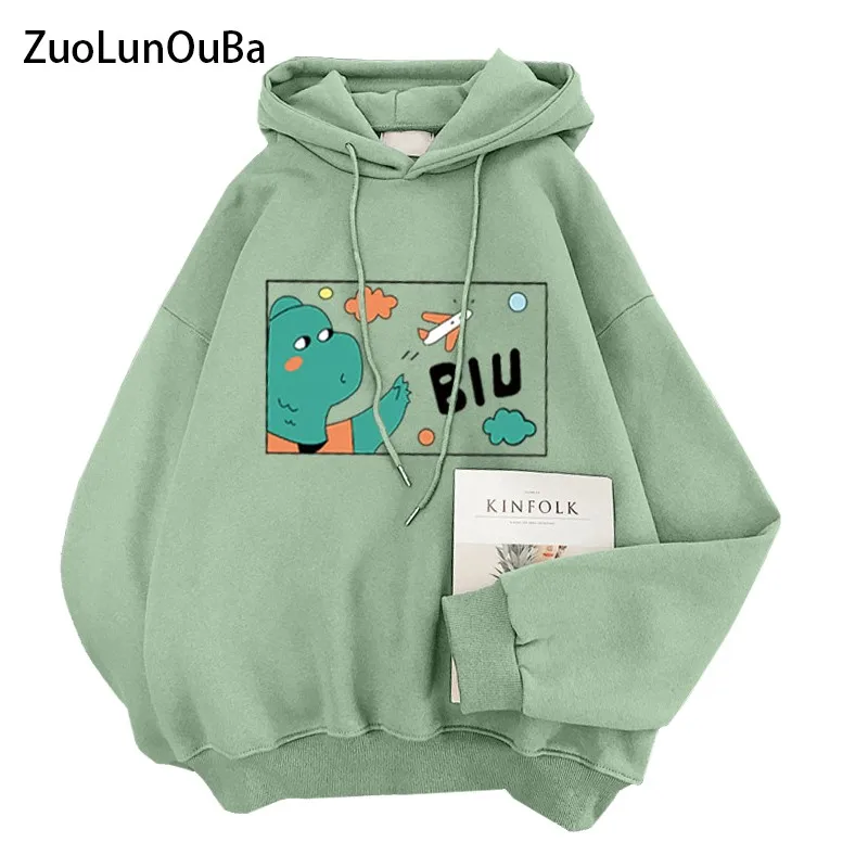 Winter New Casual Women Hoody Print Play Airplane Cute Little Dinosaur Female Long Sleeve Sweatshirt Thick Fashion Pullover