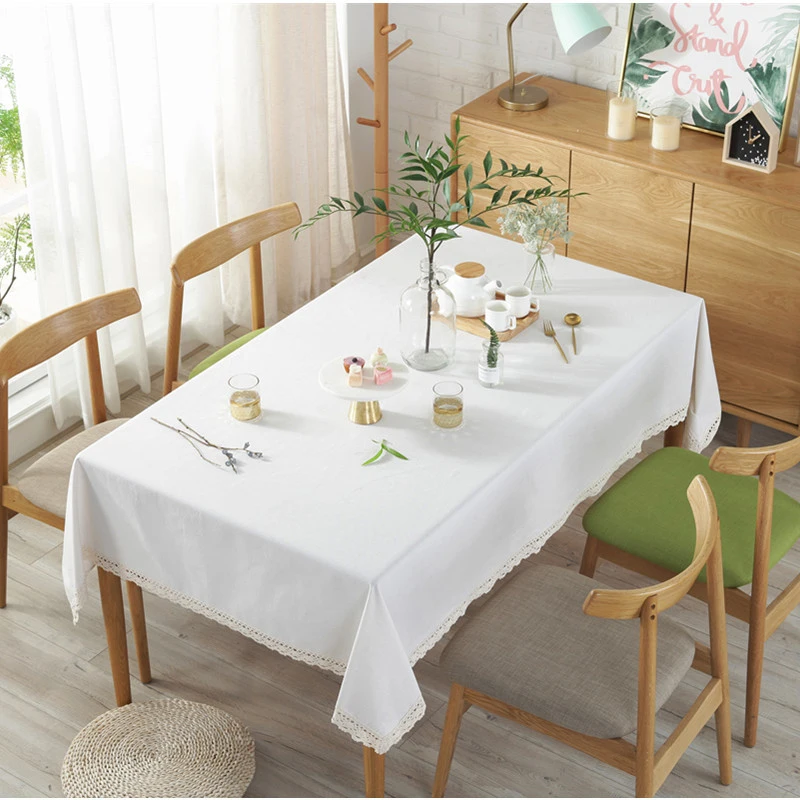 Soild Tablecloth with White Lace Elegant Rectangle Tablecloth Cotton Linen Table Cloth for Home Dinner Tea Table Cover
