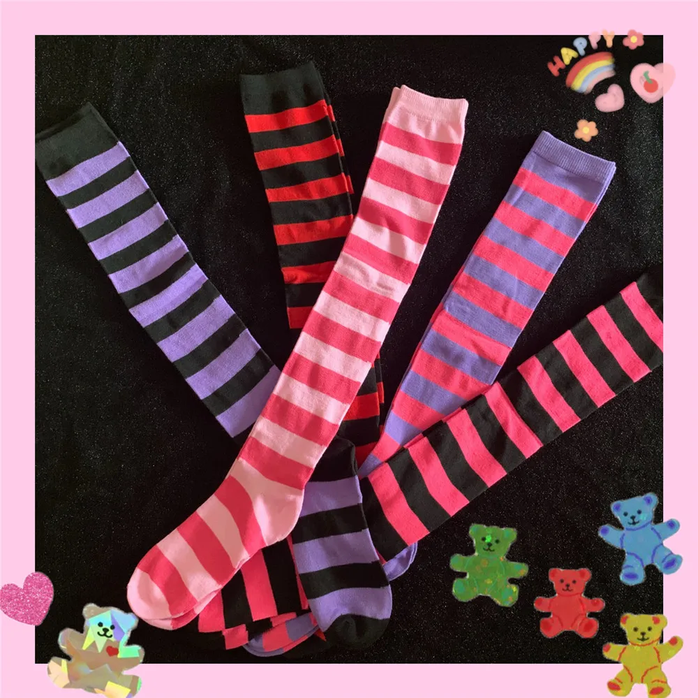 Japanese sweet cool soil cool what SuFeng blue, white, purple and red color stripe knee high socks