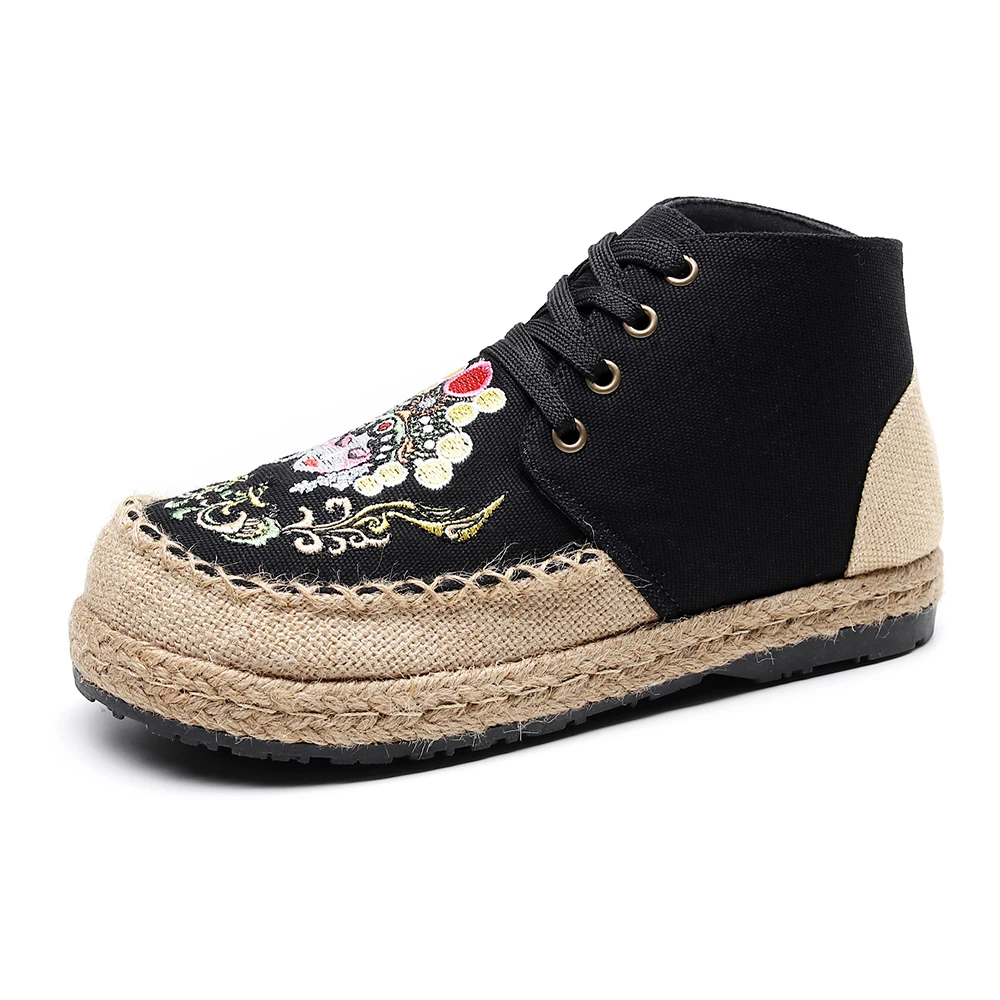 Veowalk Cartoon Embroidery Women Linen Cotton Lace Up Booties Autumn Boots Comfortable High Top Espadrilles Flat Sneakers Shoes