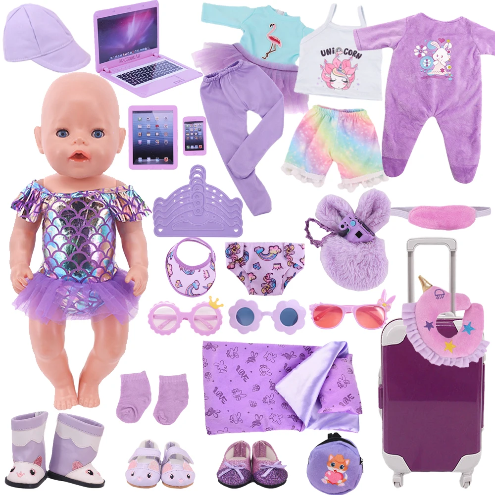 Doll Clothes,Shoes,Suitcase Suit Cute Flamingo Purple Sleeping Bag Pajamas Fit 18 Inch American Girl Doll,43cm Baby Born Doll