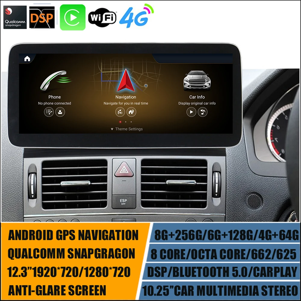 Android 11 GPS Player 12.3'' DSP Carplay For Mercedes Benz C-Class W204 RHD 2011-2014 NTG4.5 Snapdragon 8G+256G BT WIFI 4G LTE