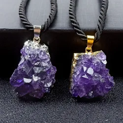 Natural Amethyst Cluster Pendant Necklace Healing Crystals Gold Plated Edge Irregular Crystal Stone Necklaces for Women Jewelry