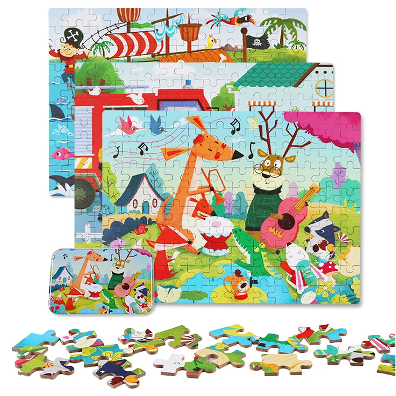 New 120 Pieces Wooden Puzzle Kids Toy Cartoon Animal Wood Jigsaw Puzzle Child Early Educational Learning Toys for Christmas Gift