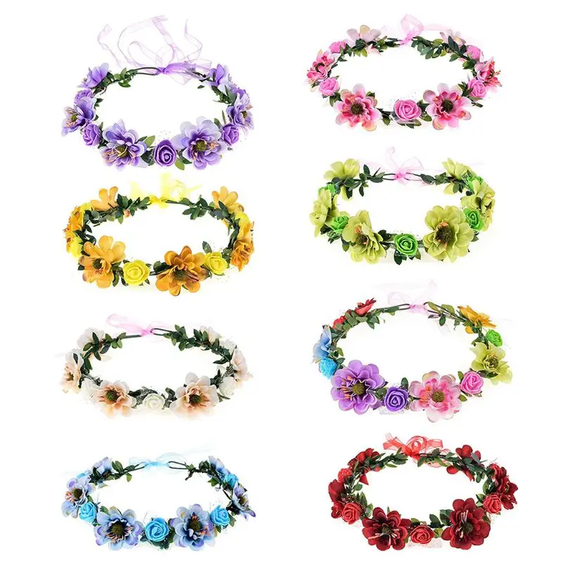 Women Elegant Rose Flower Headband with Adjustable Ribbon Wreath Crown Floral Wedding Hair Garland for Activities Party