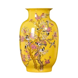 Jingdezhen porcelain antique new Chinese vase yellow glazed magpie on the plum tree pattern big vases