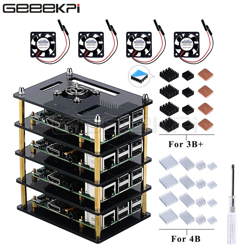 

GeeekPi 4 Layer Acrylic Case Dark Brown/Transparent Enclosure Cooling Fan Heatsink Screwdriver for Raspberry Pi 4B/3B+/3B/2B/B+