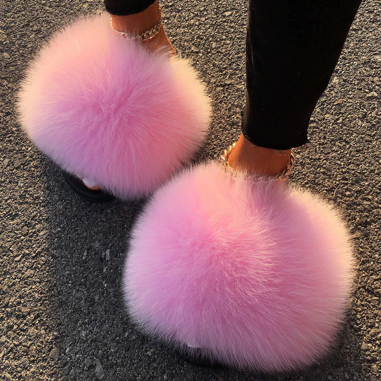 Extra Large Fur Slippers Real Fox Raccoon Fur Slides Flat Flip Flops Beach Designer Sandals Cute Plush Hair Furry Shoes Woman