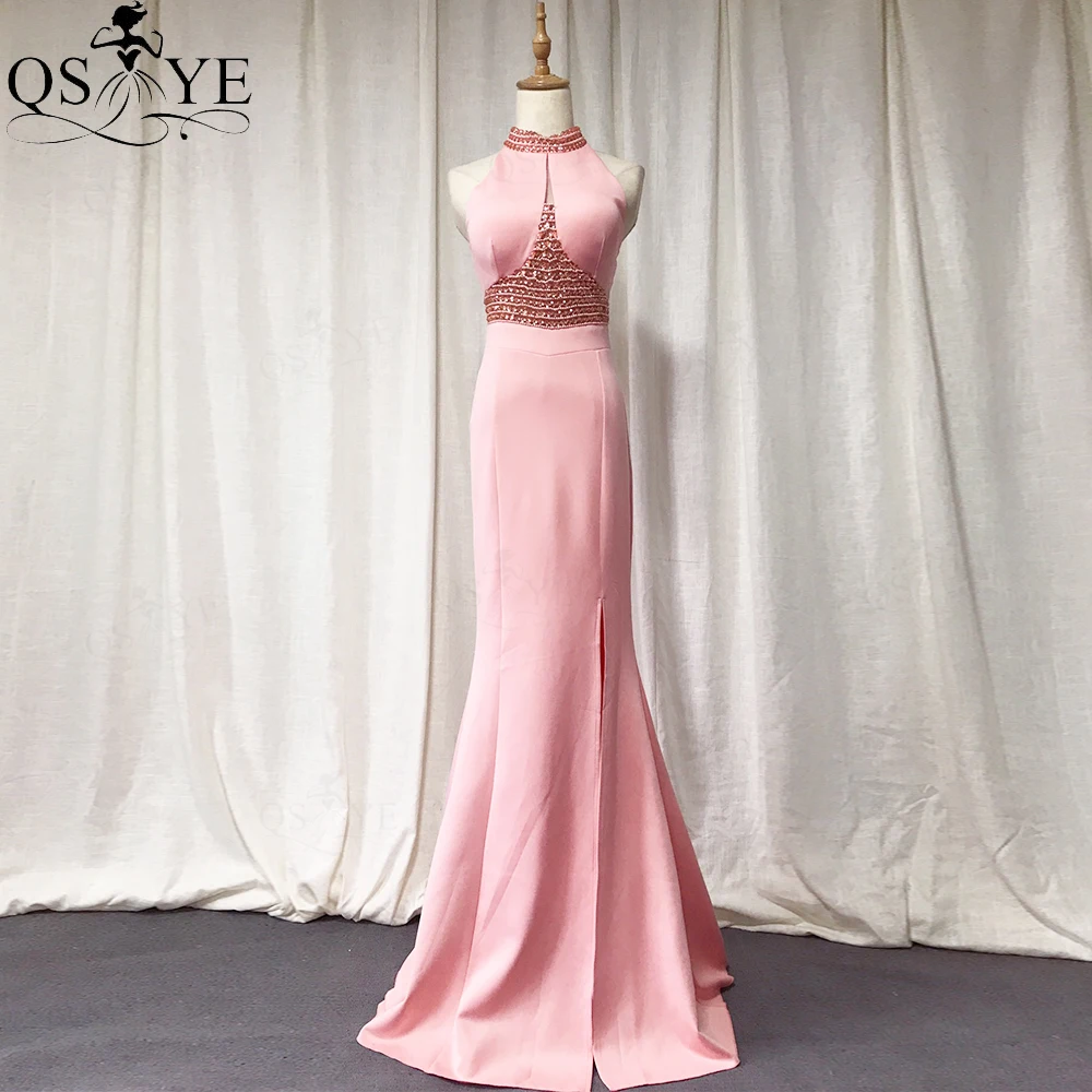 QSYYE Pink Evening Dresses Elastic Beading High Neck Mermaid Evening Gown Crystals Party Dress Split Basque Waist Formal Dress