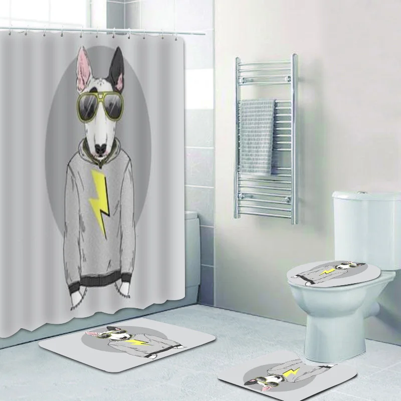 Funny Dressed Romantic Bullterrier Doggy with Rose Shower Curtain and Bath Rug Set Hipster Bull Terrier Dog Animal Bathroom Mats