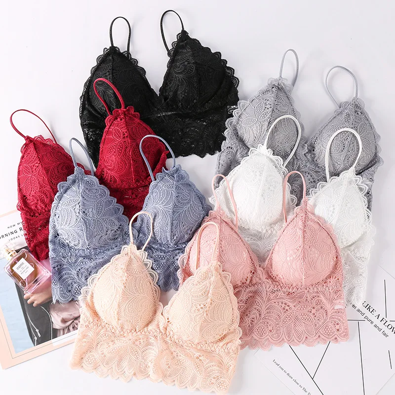 Floral Lace Bras for Women Sexy Lingerie Deep V Bralette Wire Free Thin Underwear Beauty Back Push Up Bra Female Brassiere