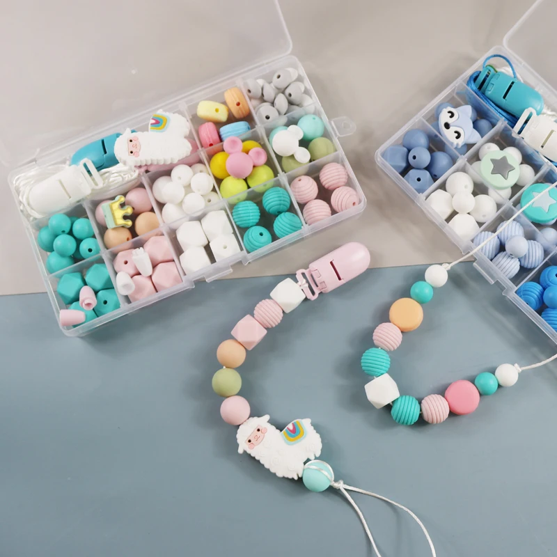 Ensemble de perles en Silicone pour bébé, bricolage avec boîte sans BPA, sucette, chaîne d\'allaitement, collier factice, accessoires de bricolage