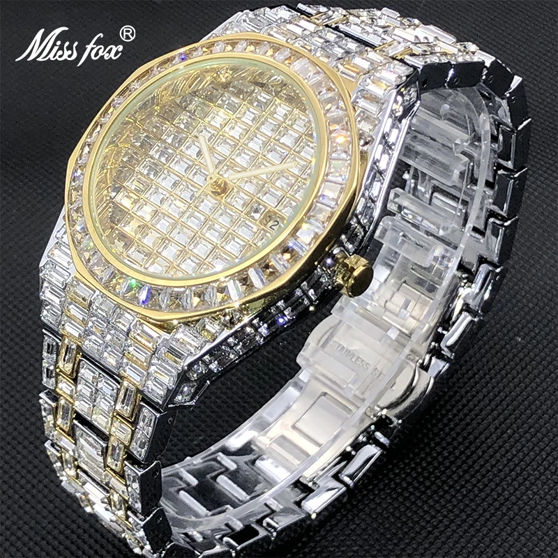 Montre Homme Luxe MISSFOX Luxury Baguette Designer Men\'s Watch With Wide Strap Royal Diamond Dropshipping Hand Clock For Men