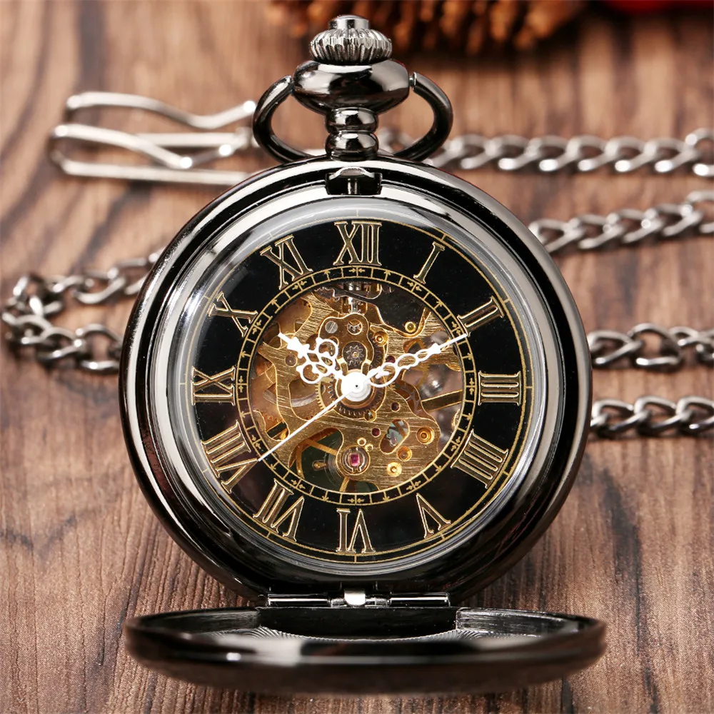 Gold Roman Numerals Transparent Glass Manual Mechanical Pocket Watch Retro Chain Clock Gift for Male Antique Hand Winding Clock