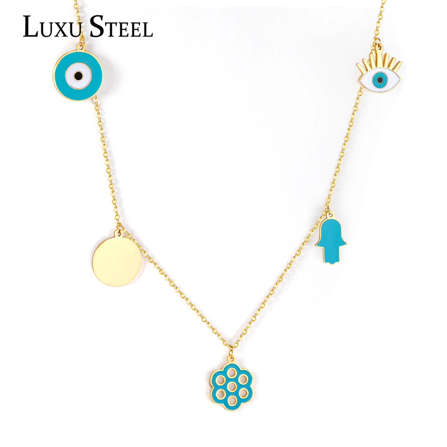 LUXUSTEEL New Trendy Necklace For Girls Stainless Steel Golden Color Flower Blue Eye Hand Round Shape Pendant Necklace Collars