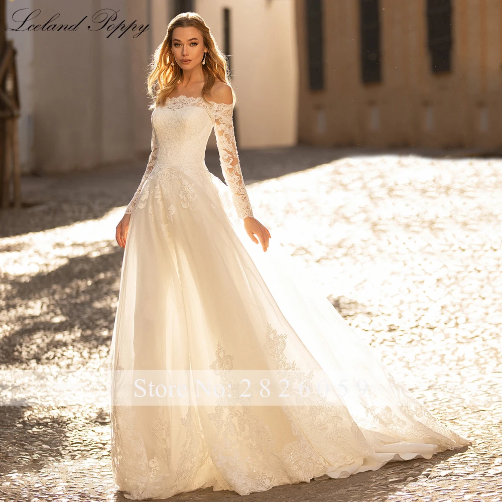 Lceland Poppy Customized A Line Boat Neck Lace Wedding Dresses Full Sleeves Floor Length Bridal Gowns with Court Train