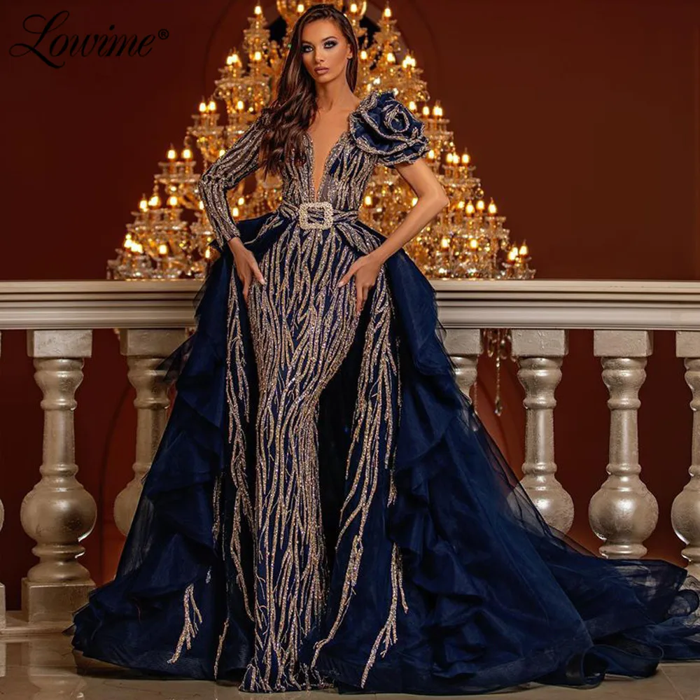 Navy Blue Glitter Evening Dresses With Detachable Train V-Neck Dubai Moroccan Saudi Arabia Mermaid Party Dress 2020 Prom Dresses