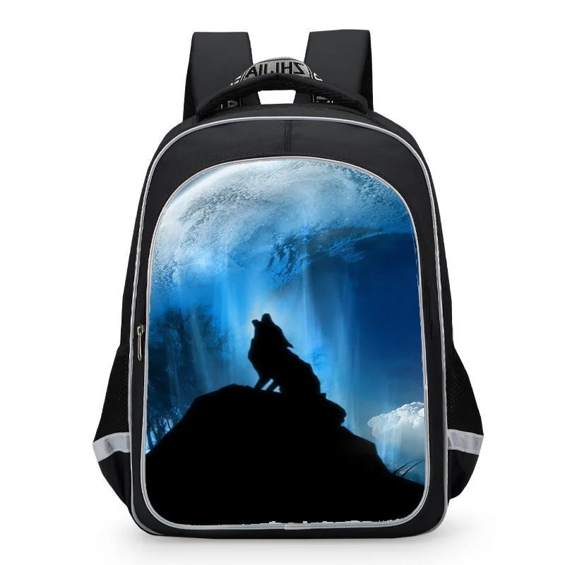 New night wolf black wolf dog creative backpack with reflective strip schoolboy backpack children\'s backpack