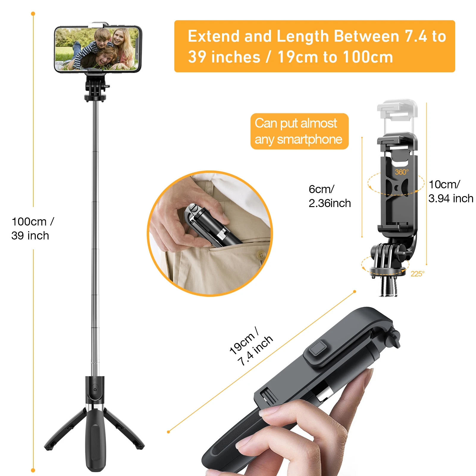 휴대용 확장형 Selfie 스틱 삼각대 원격 셔터 아이폰 13 12 안드로이드 삼각대 스탠드 여행 파티