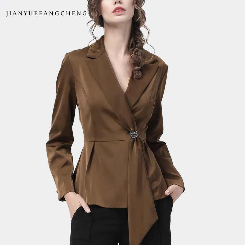 Fashion Suit Collar Flowy Womens Brown Satin Shirt Long Sleeve Outwear Ribbon Design Single Button Tunic Top Autumn New Blouses