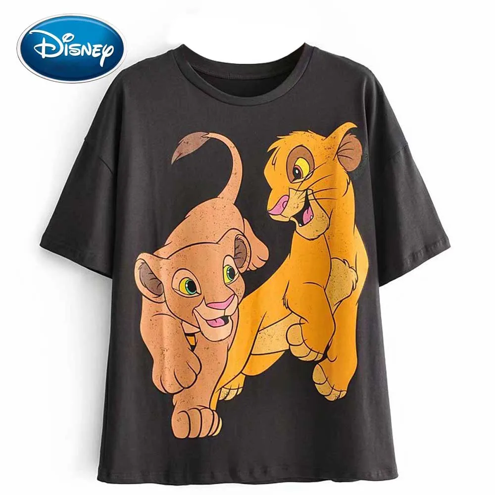 Disney stylowy król lew król dżungli nadruk kreskówkowy T-Shirt O-Neck sweter z krótkim rękawem Casual Fashion Women Tee topy