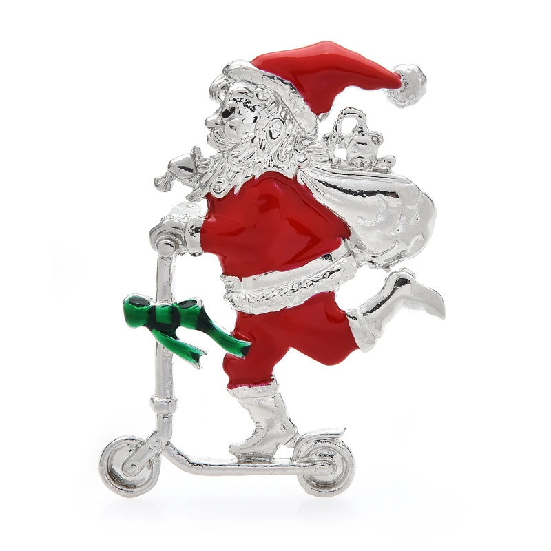 Wuli&baby Santa Claus Brooch Pins Enamel Santa Riding Bicycle Delivering Gifts For Women And Kids 2021 Christmas Jewelry Gift