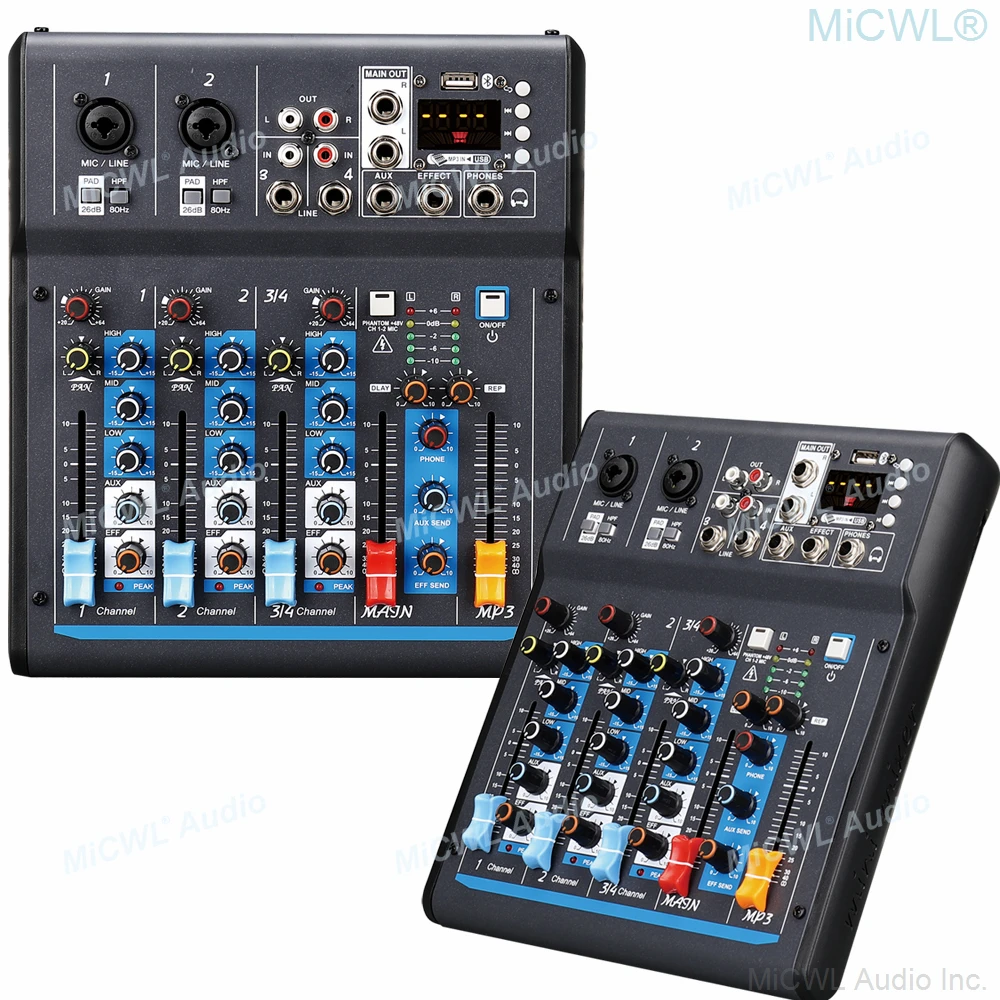 호스트 판매 x 4 블루투스 4 채널 오디오 믹싱 콘솔, DJ 믹서 유선 무선 마이크 무대 공연 스튜디오 녹음