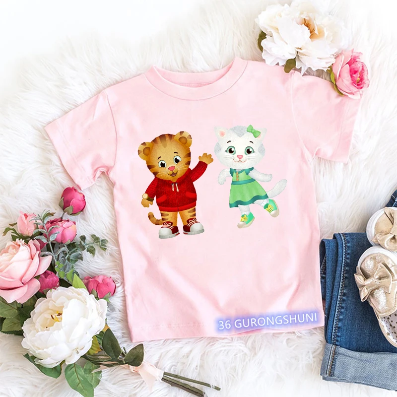 Daniel Tiger\'s Neighborhood Cartoon Print T-Shirt Kawaii Girls, Top Rosa, Engraçado, Roupa de Bebê, Moda Infantil