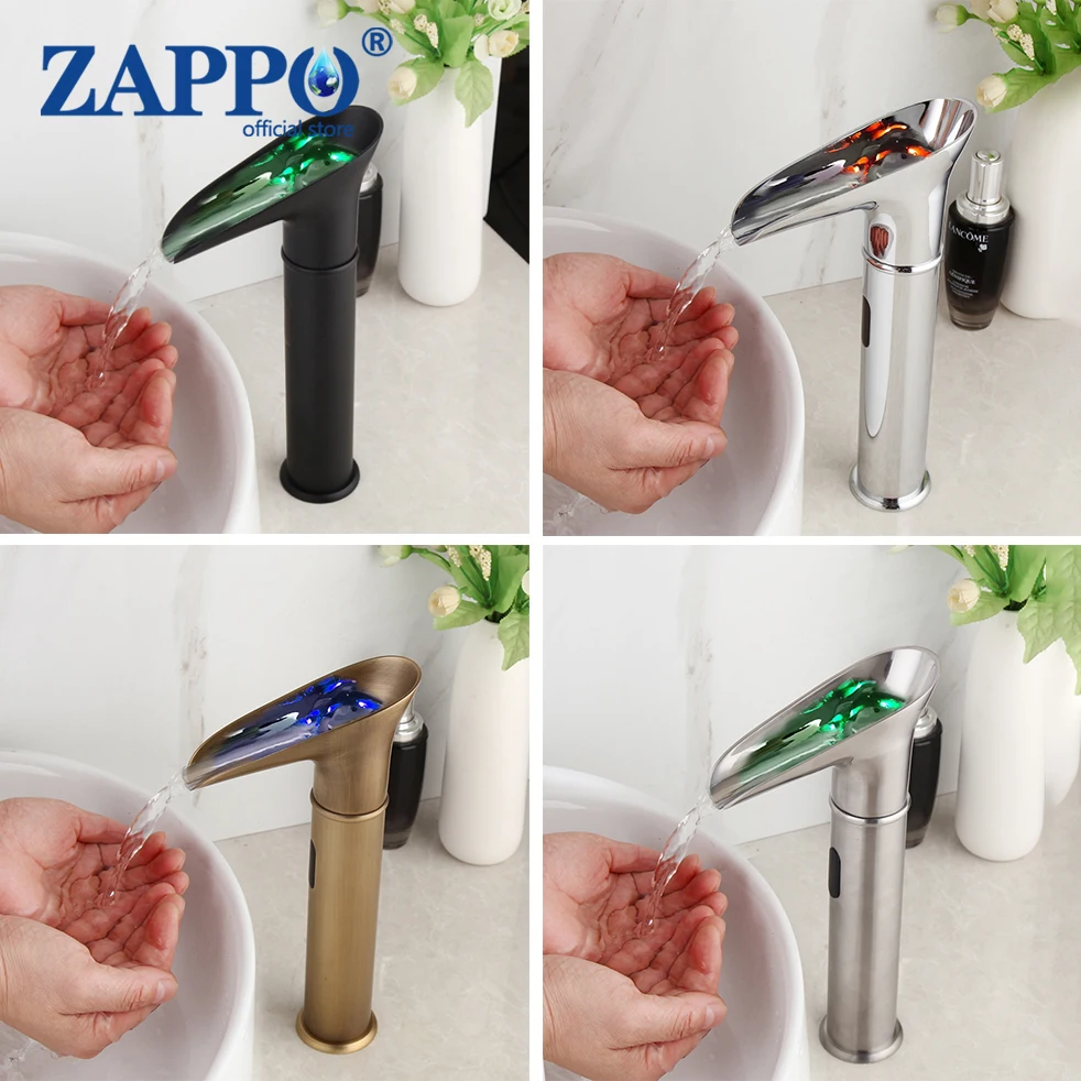 

ZAPPO Matte Black Automatic Sensor Hand Touch Griffin Bathroom Sink Faucet Solid Brass Basin Sink Mixer Waterfall Faucets